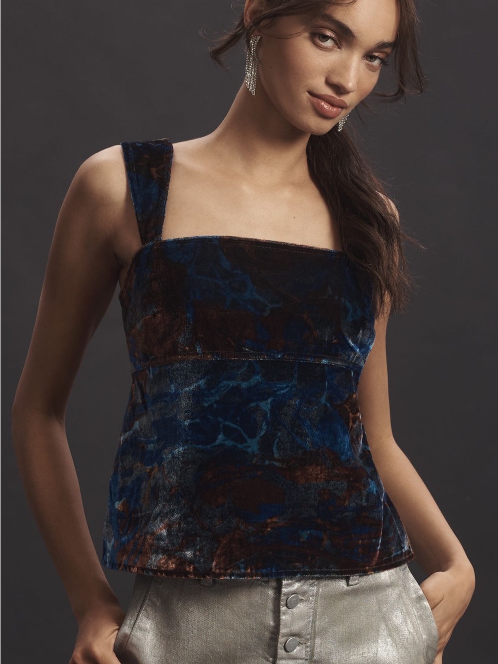 NWT Anthropologie Pilcro Velvet Square-Neck Tank Top in Deep Blue and Brown
